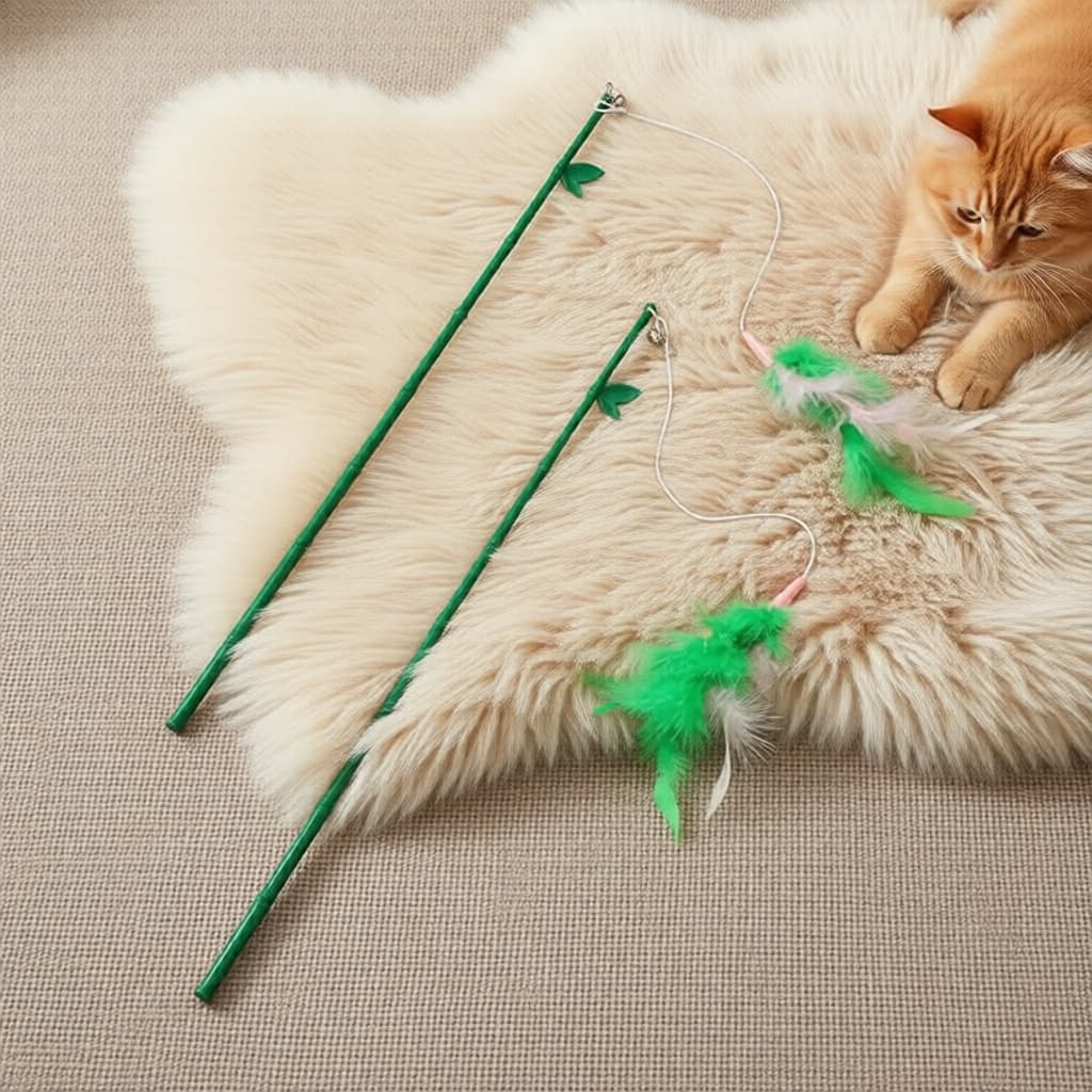 Varinha de Brinquedo para Gato com Guizo, Penas Coloridas e Cabo com Aparência de Bambu, Opção de Refil
