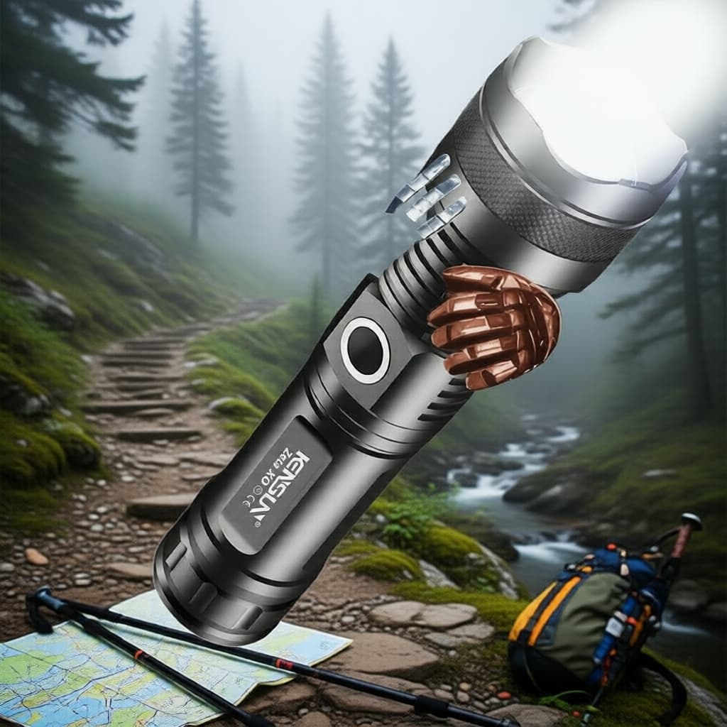 Lanterna LED recarregável KENSUN XHP70 4 núcleos, zoomável, lanterna portátil para camping e emergências