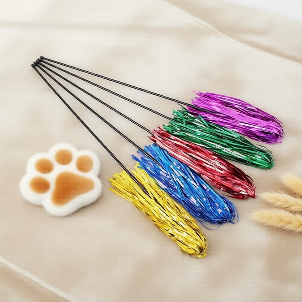 Brinquedo Interativo para Gatos – Varinha com Franjas de Papel Laminado Colorido e Fitas Brilhantes