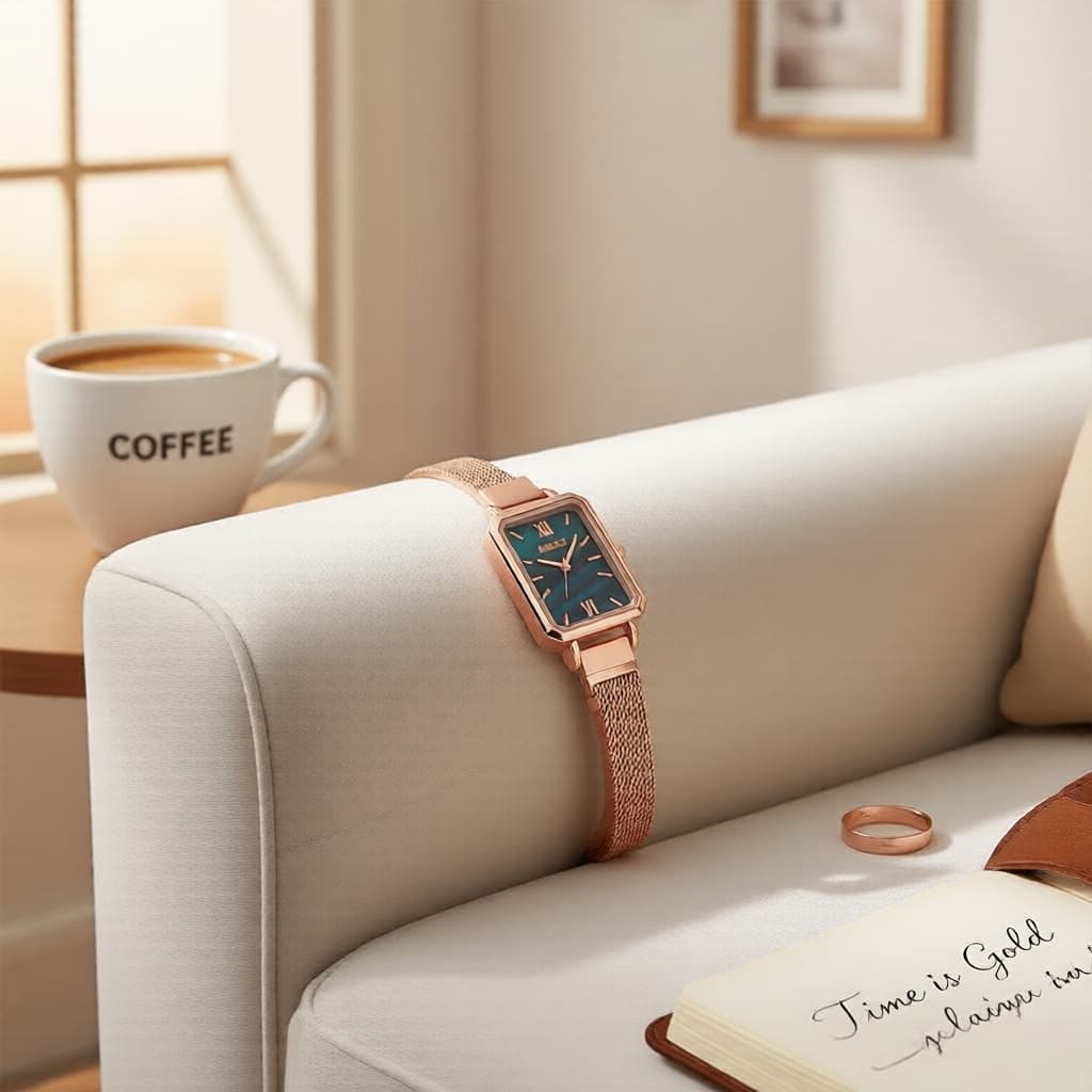 Relógio de Pulso Analógico com Mostrador Retangular em Ouro Rosé Elegante W0191