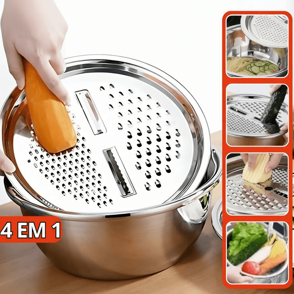 Tigela Inox 4 Em 1 Ralador Fatiador Bacia Legumes Queijo Manual 26cm Cozinha Prática Tampa Ralador
