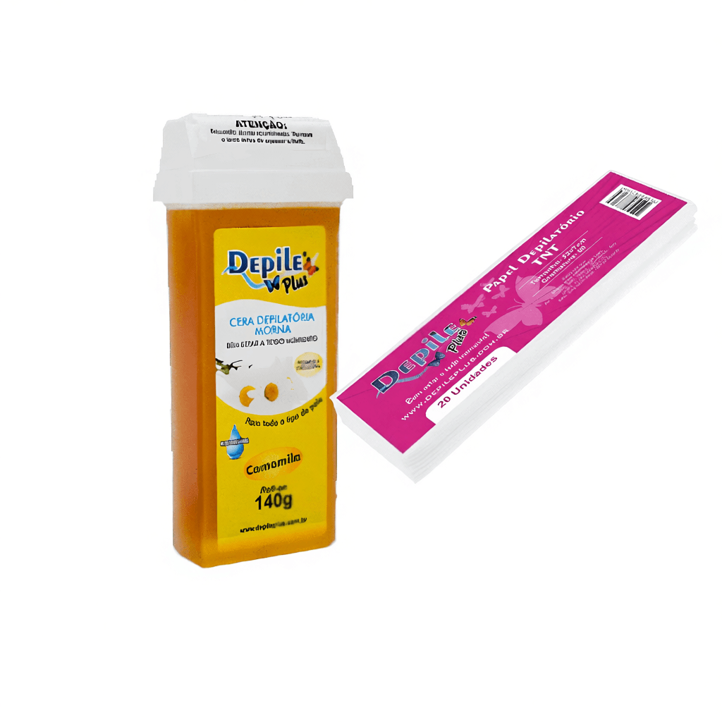 Kit Cera Depilação Hidrossoluvel Roll On 140g + Papel Depilatorio 20 unidades Depile Plus