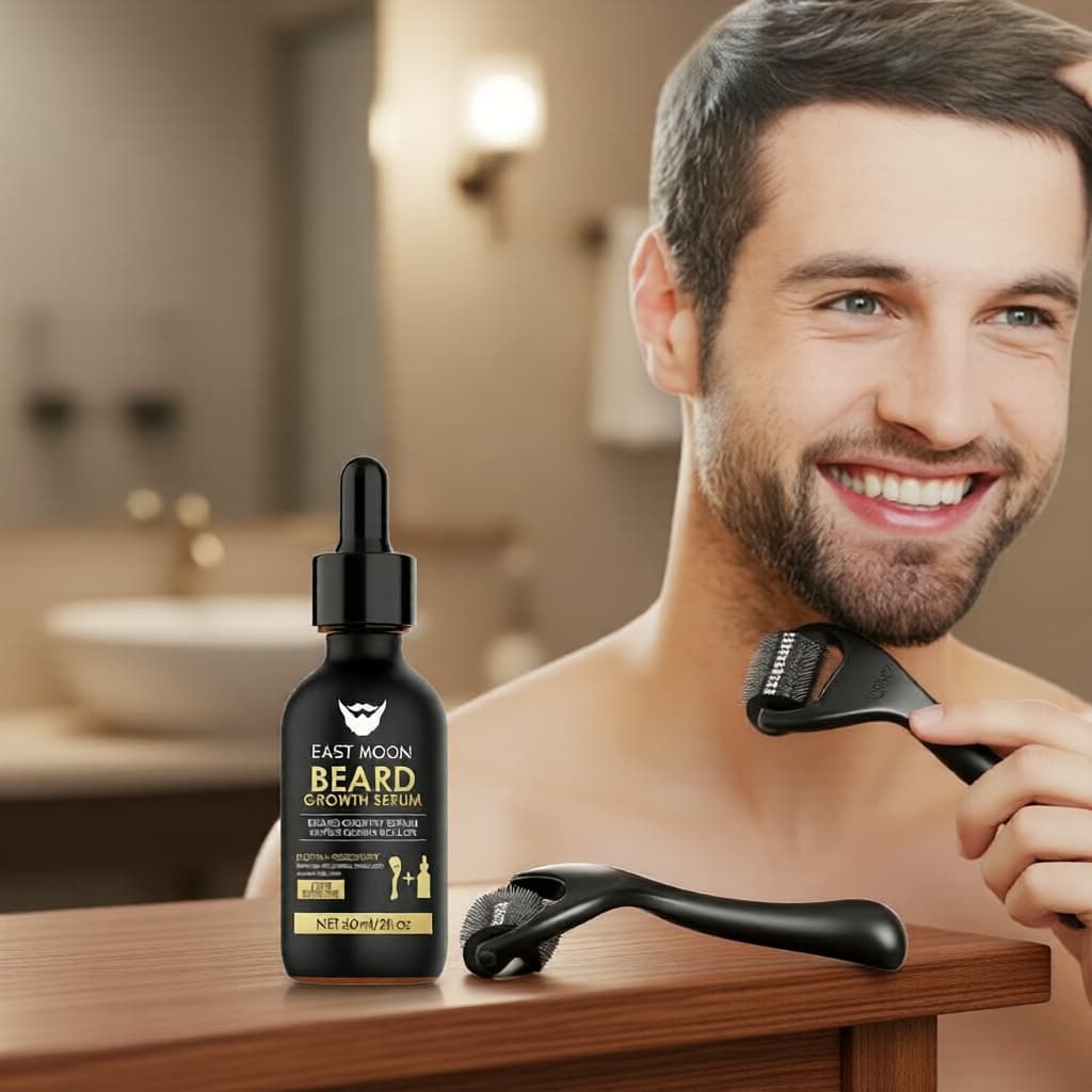 Kit de Crescimento de Barba para Homens: Roller e Óleo para Crescer Barba Mais Grossa, Cheia, Preencher Falhas e