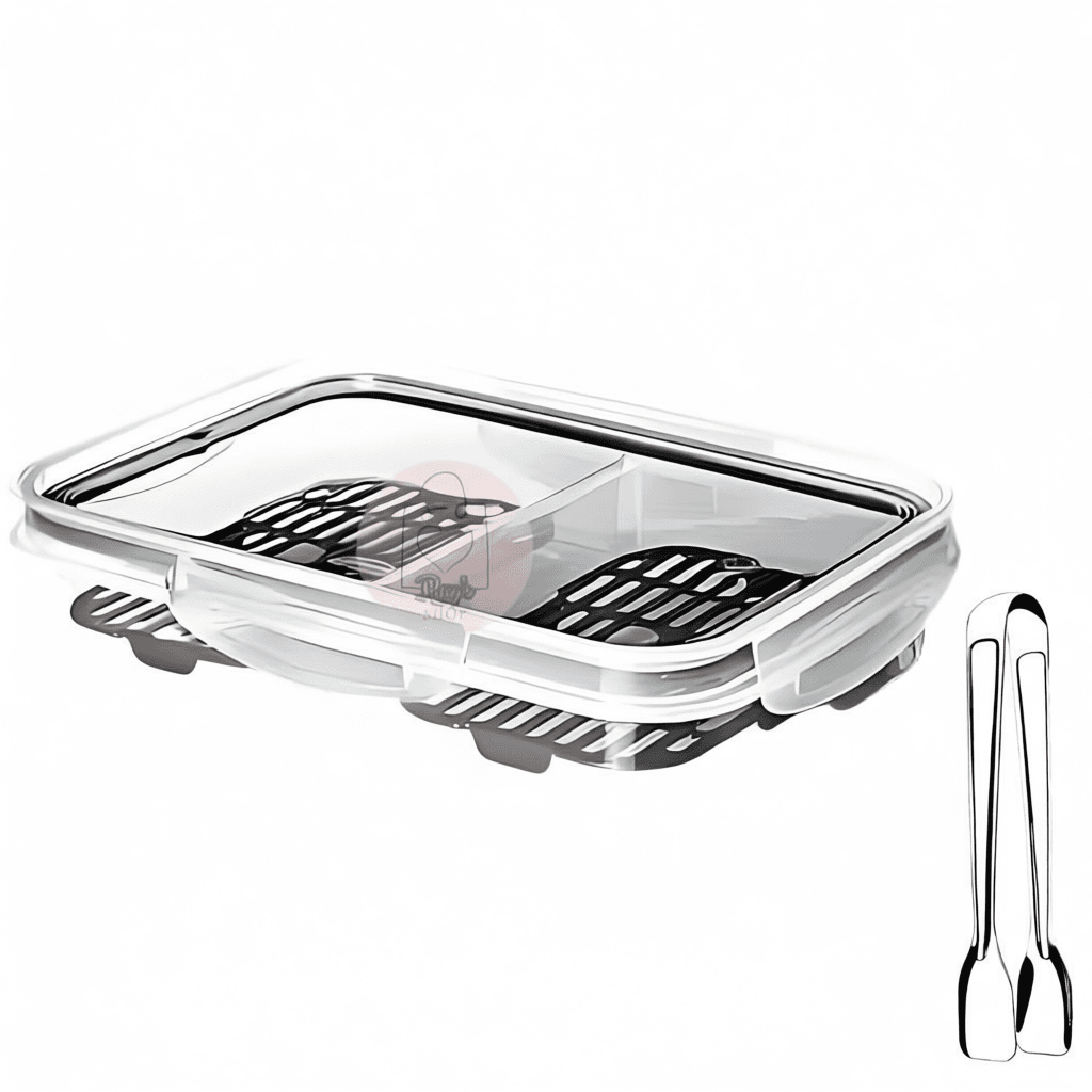 Pote Hermético Porta Frios Com Escorredor Tampa Trava 2 Divisórias Retangular + Pegador de Frios Inox