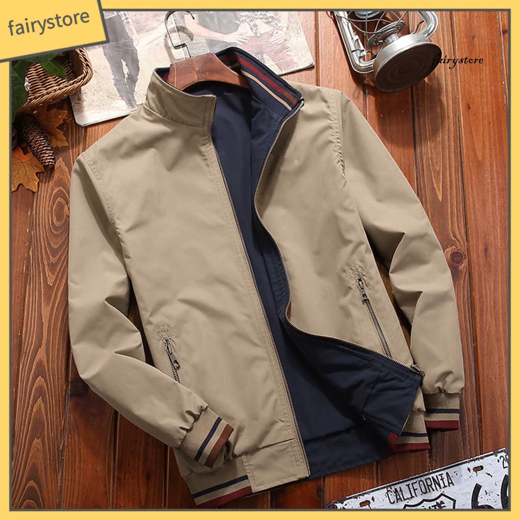 [FS] Jaqueta Masculina Com Punhos Elásticos , Gola Alta , Manga Comprida , Patchwork , Cor Reversível , Casaco Bolsos ,