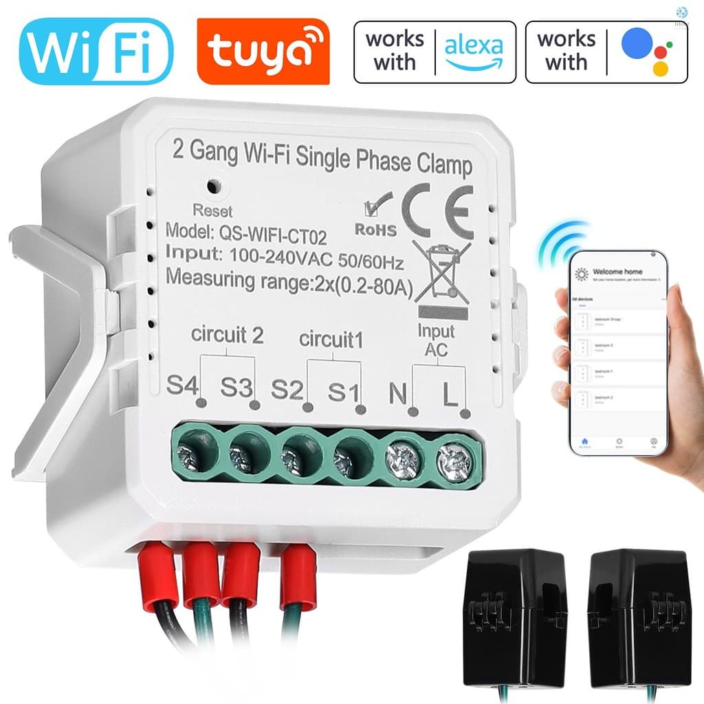 Monitor de Energia WiFi 80A 2 Gang Braçadeira Monofásica Solar PV Bidirecional Medidor De Energia Em Dois Sentidos