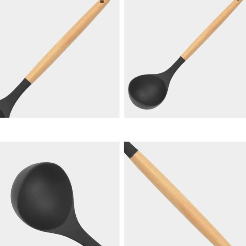 Conjunto De Cozinha De Silicone Preto De 12 Unidades Com Cabo De Madeira , Aproximadamente