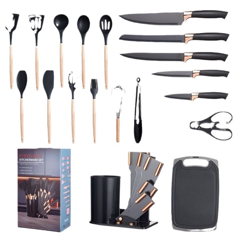 Conjunto De 12 Kits De Ferramentas De Cozinha De Silicone Preto , Embalado Em Uma Caixa Colorida Com Etiqueta , Promoção