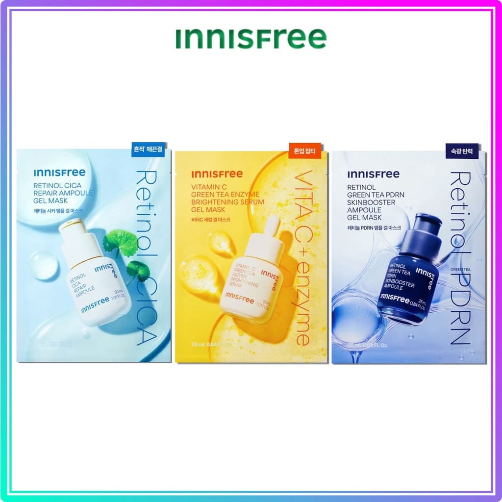 Máscara De Gel Ampola Innisfree (Retinol Cica Repair 25mL , PDRN Skinbooster 23mL , Soro Iluminador De Vitamina C 25mL) / Innisfree Ampoule Gel Mask