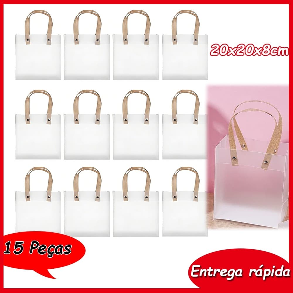 15 peças 20x20x8cm de sacos de plástico fosco transparente com alças bolsas sacos de presente sacos de tirar
