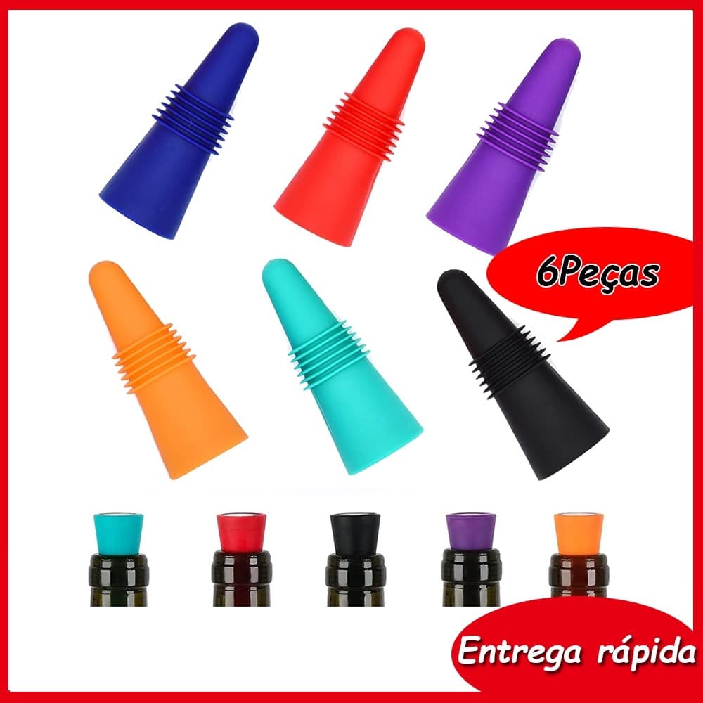 6 Rolhas de vinho de silicone com anel de vedação rosqueado e tampo inoxidável Adequado para garrafas de vinho e bebidas