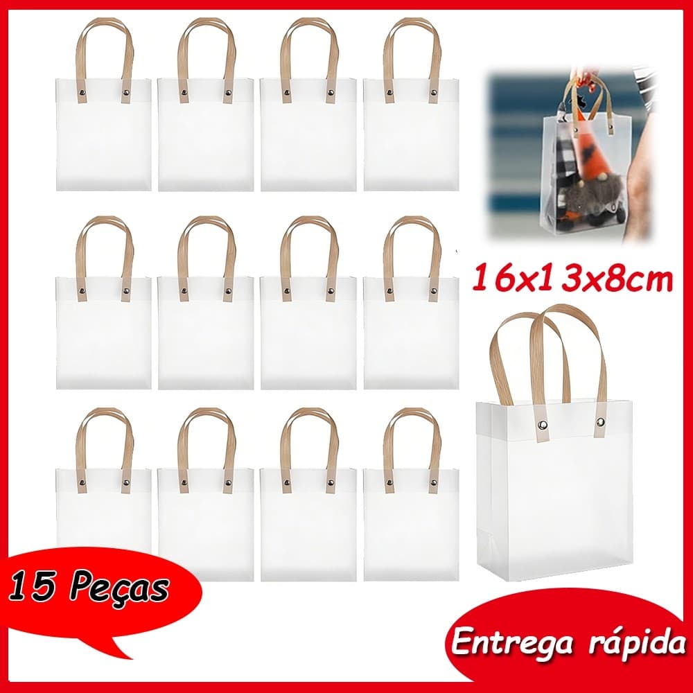 15 peças 16x13x8cm de sacos de plástico fosco transparente com alças bolsas sacos de presente sacos de tirar