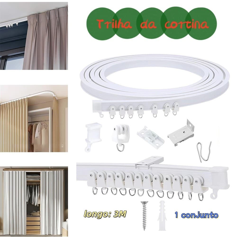 Trilho de cortina flexível de 3 metros, modelagem flexível, adapta à janela de arco/janela redonda