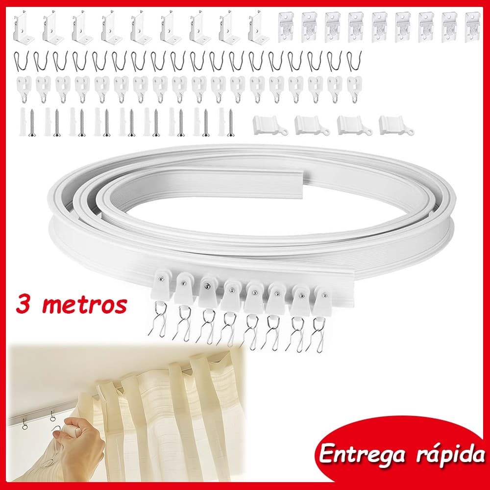 Faixa de Cortina Curva Flexível Kit 3m para Trilho de Cortinas com Rolos Silenciosos Equipado com Ganchos e Corrediças