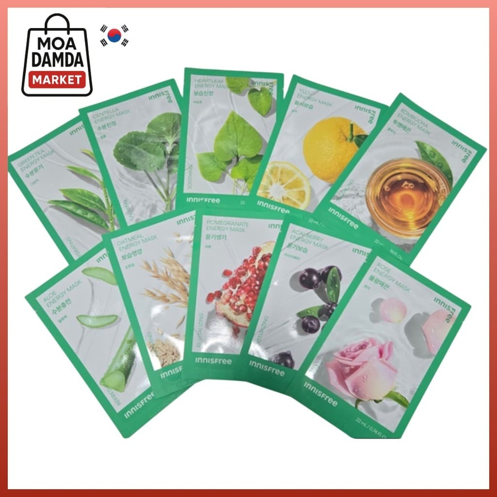 Pacote De Máscaras Energéticas Innisfree (Folhas)-Centella Asiatica , Rosa , Kombucha , Chá Verde , Aloe , Romã , Heartl