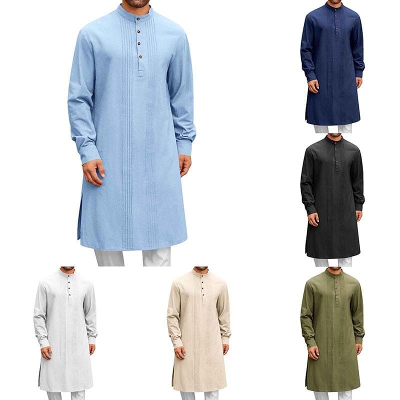 Camisa Masculina Kaftan De Linho De Algodão Masculino – Thobe De Manga Comprida Com Botões Para Oração