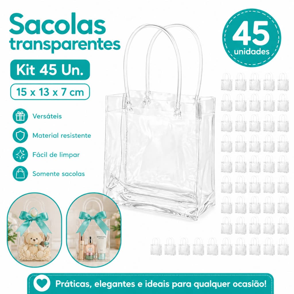15x13x7 cm, 45 conjuntos de sacos plásticos transparentes com alça, usando Material de PVC durável, adequado apenas para