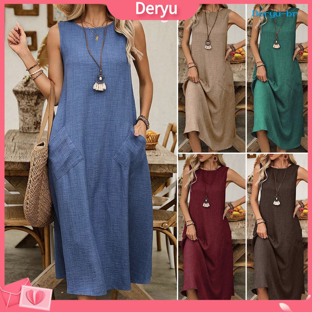 [Deryu]Vestido Longo Feminino Sem Mangas Casual Gola Redonda Maxi Verão Praia Férias De Com Bolsos