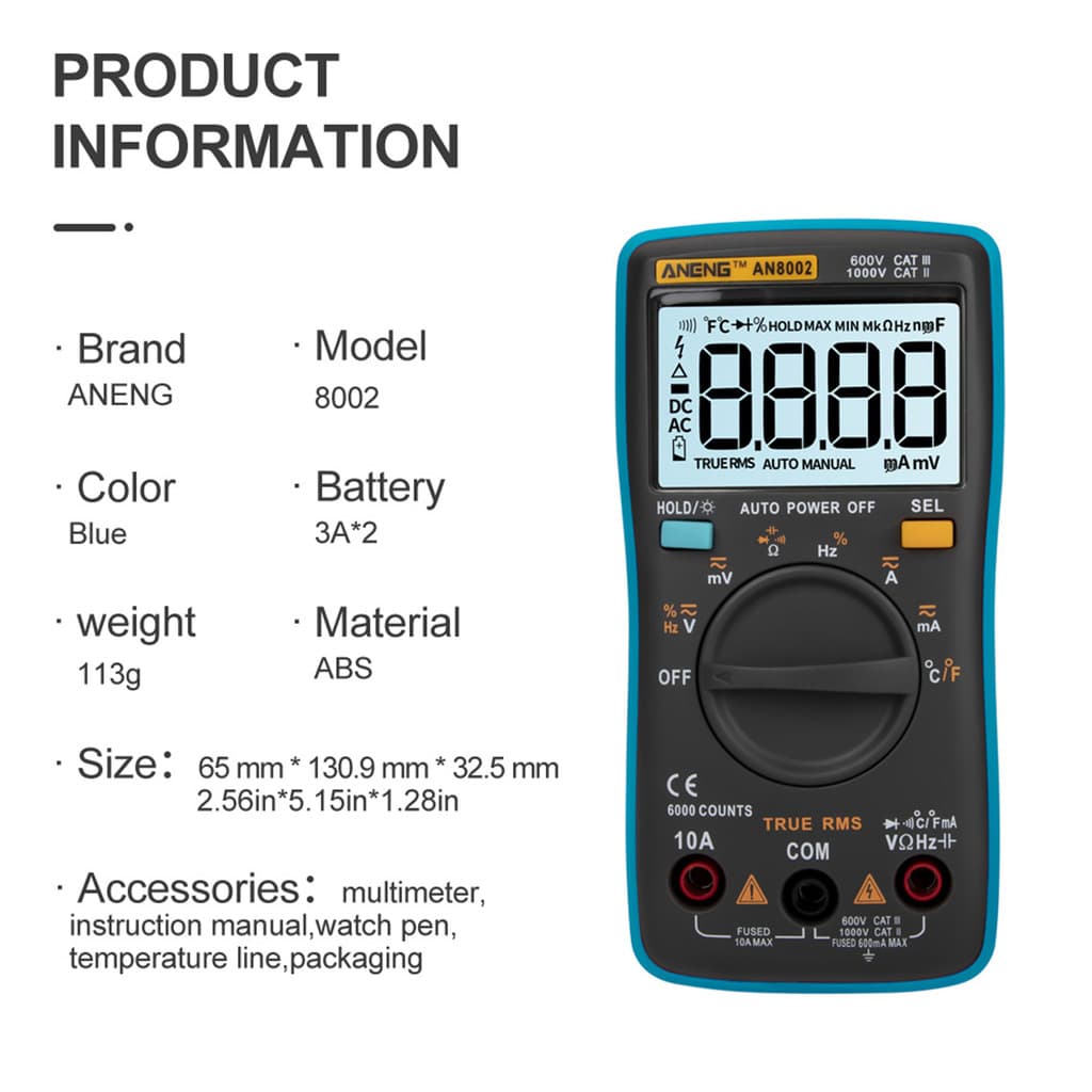 [Em Estoque] ANENG AN8002 6000 Contagens True RMS Multímetro Digital Multifuncional Voltímetro Amperímetro Portátil Mini
