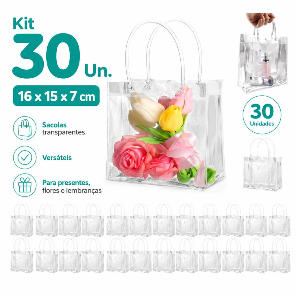 16x15x7cm, 30 conjuntos de sacos transparentes com alça, usando Material de PVC durável, adequado apenas para presentes