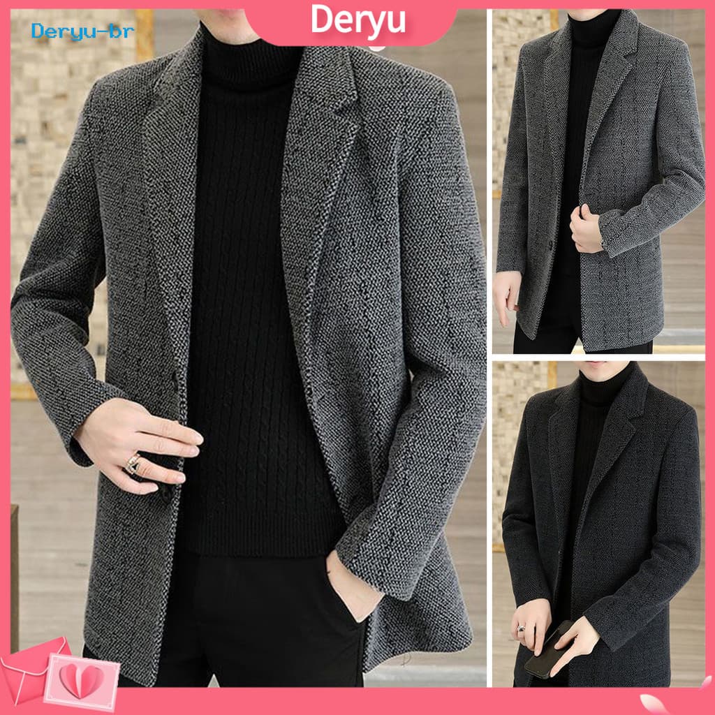 [Deryu]Casaco Masculino De Lã Com Lapela , Manga Comprida , Jaqueta Peito Único E Bolsos , Cor Sólida , Ajuste Solto ,