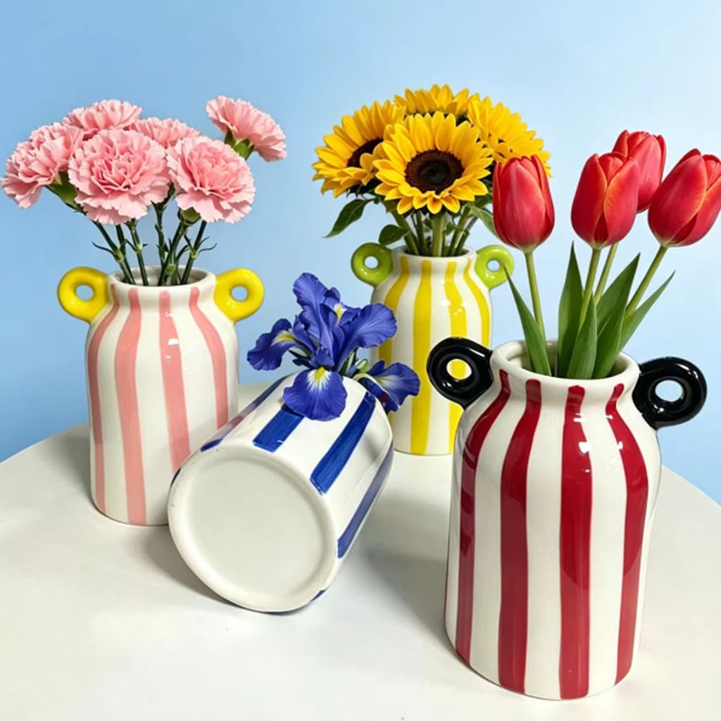 [SKI] Vaso De Flores Listrado De Cerâmica Com Alças Duplas , Pequeno Decorativo Pintado À Mão Para , Grama De Pampas , B