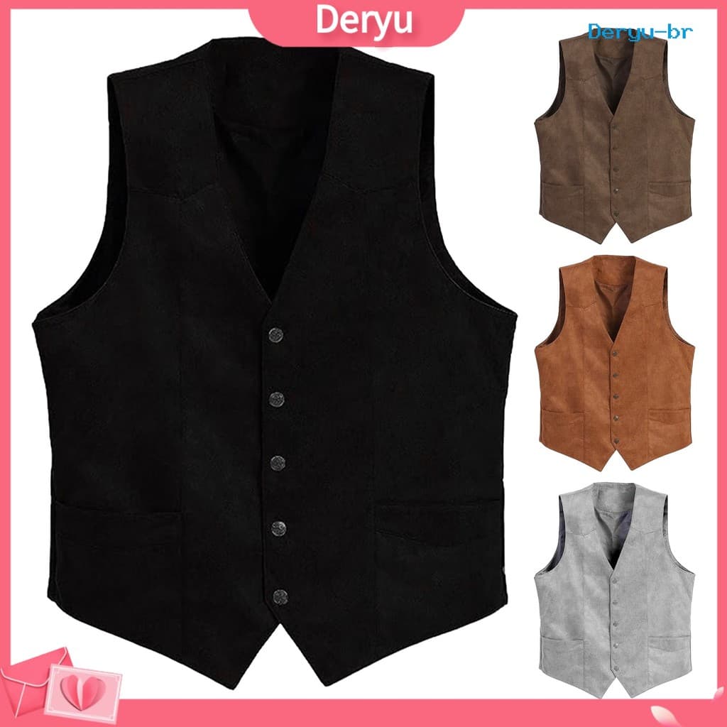 [Deryu]Colete Masculino Com Decote Em V , Sem Mangas , Peito Único , Slim Fit , Bolsos , Cor Sólida , Formal , Casaco D