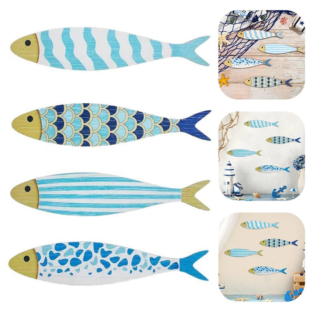 [SKI] 4 Peças Decoração De Parede De Peixe De Madeira Arte Costeira Náutica Escultura Azul Suspensa De Casa De Lago Para