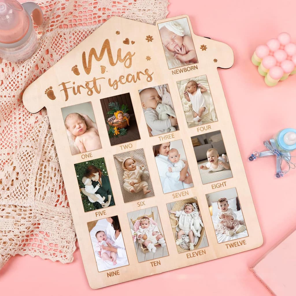 [SKI] Porta-Retratos De Bebê De 12 Meses , Placa De Exibição De Fotos Mensal De Madeira Esculpida , Lembrança De Recém-N