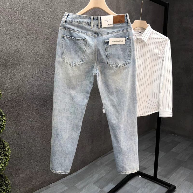 High-End luz azul Jeans masculino 2025 novo estilo fino ajuste pés pequenos tornozelo comprimento calças casuais masculi