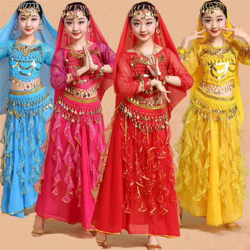 Crianças Menina Trajes De Dança Do Ventre Meninas Bollywood Desempenho Indiano Pano Conjunto Handmad