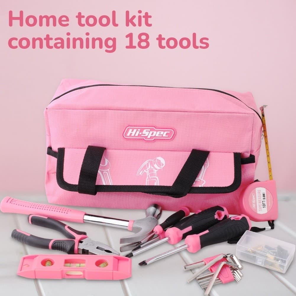 Kit De Ferramentas Domésticas Rosa De 18 Peças Com Chave De Martelo , Chaves De Fenda , Medição De Sextavadas