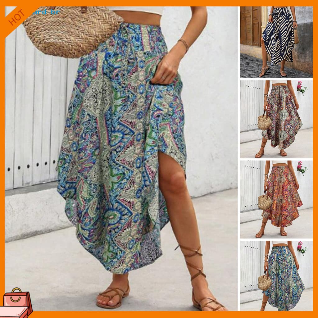 EDGward.br Saia Boho Elástica Cintura Alta Ajustável Lace-up Linha A Retro Estampada Solta Fit Emagrecedora Trabalho Laz