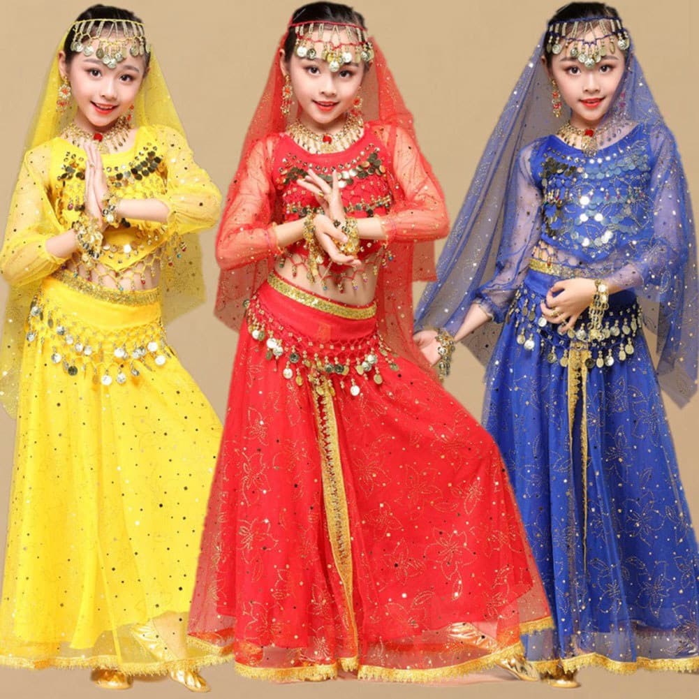 Criança Indiana Trajes De Dança Do Ventre Meninas Desempenho Egípcio Mostrar Roupas De Festa Bollywood Wear Oriental Tra