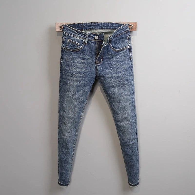 Homens versão coreana Jeans fino azul tornozelo comprimento novo estilo fino ajuste pés pequenos estiramento calças comp