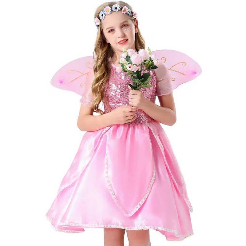 Meninas Tinker Sino Traje Crianças Rosa Flor Fada Asas De Elfo Vestido De Princesa Festa De Aniversário Halloween Cospla