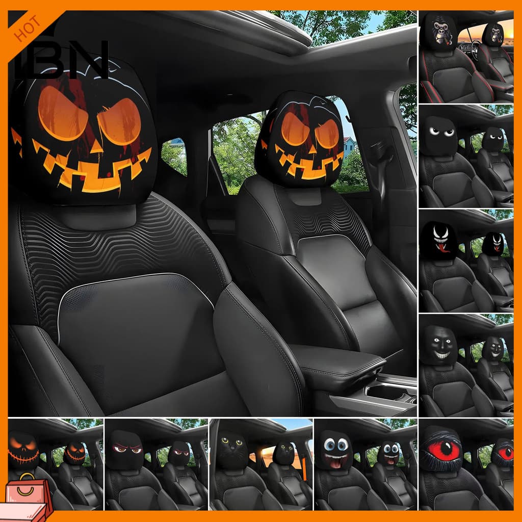 [IBN] Capa De Encosto De Cabeça De Carro De Halloween , Protetor Extensível Com Estampa De Padrão Assustador , Acessório