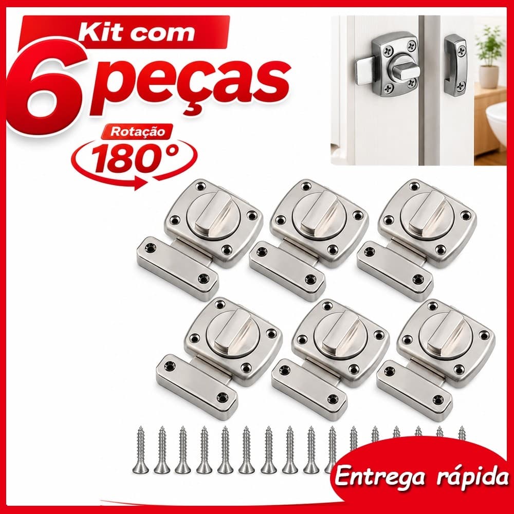 Kit 6 Peças Trinco Giratório Prateado de Liga de Zinco, Trava Resistente para Entrada, Dormitório e Despensa da Casa