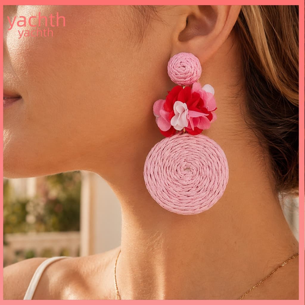 [Yac]1 Par De Brincos De Flor De Ráfia Para Mulheres , Redondos Feitos À Mão Em Rattan Boho , Palha Tecida , Acessório
