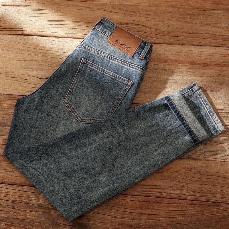 Calças de brim retas de alta qualidade masculinas novo estilo estiramento Casual Retro fino ajuste pequeno em linha reta