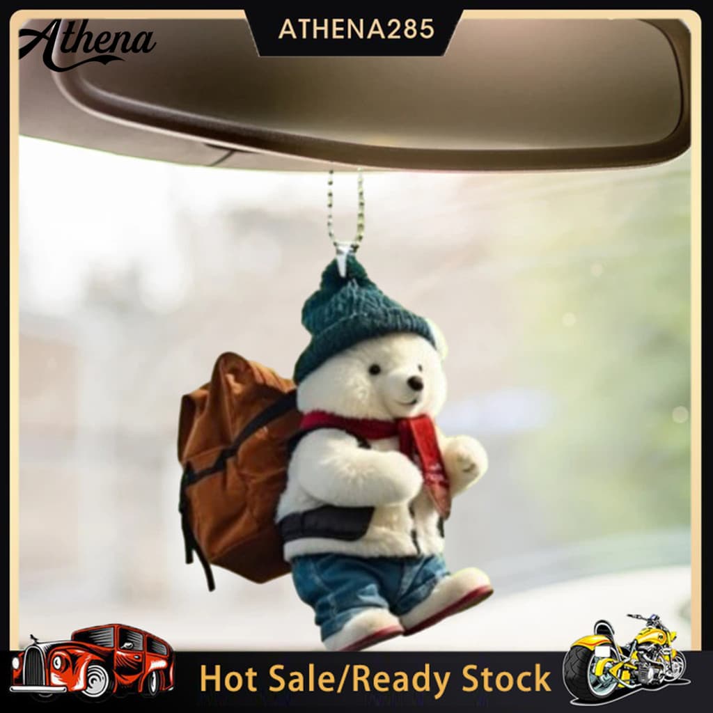 ATH_Cute Urso Espelho Retrovisor Pingente Elegante Mochila Design De Ornamento Branco Realista Para Carro Casa Árvore De