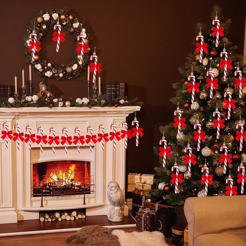 Conjunto De Enfeites De Seleção De Doces De Natal 8NEW : Decoração De 12 Peças Com Laços Vermelhos Para Férias