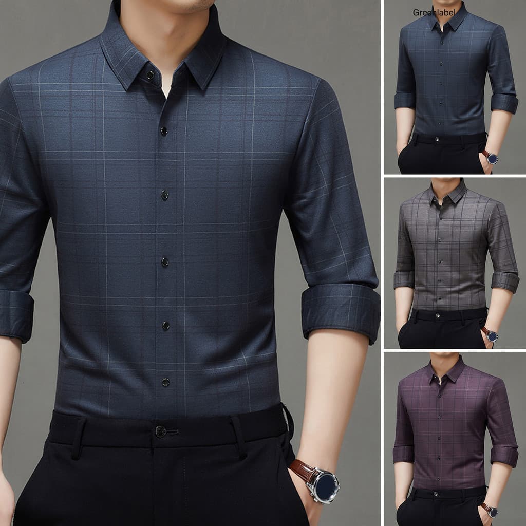 [GLB] Camisa Formal Masculina Lapela Manga Comprida Estampa Xadrez De Negócios Botões Carcela Casual Roupa De Trabalho D