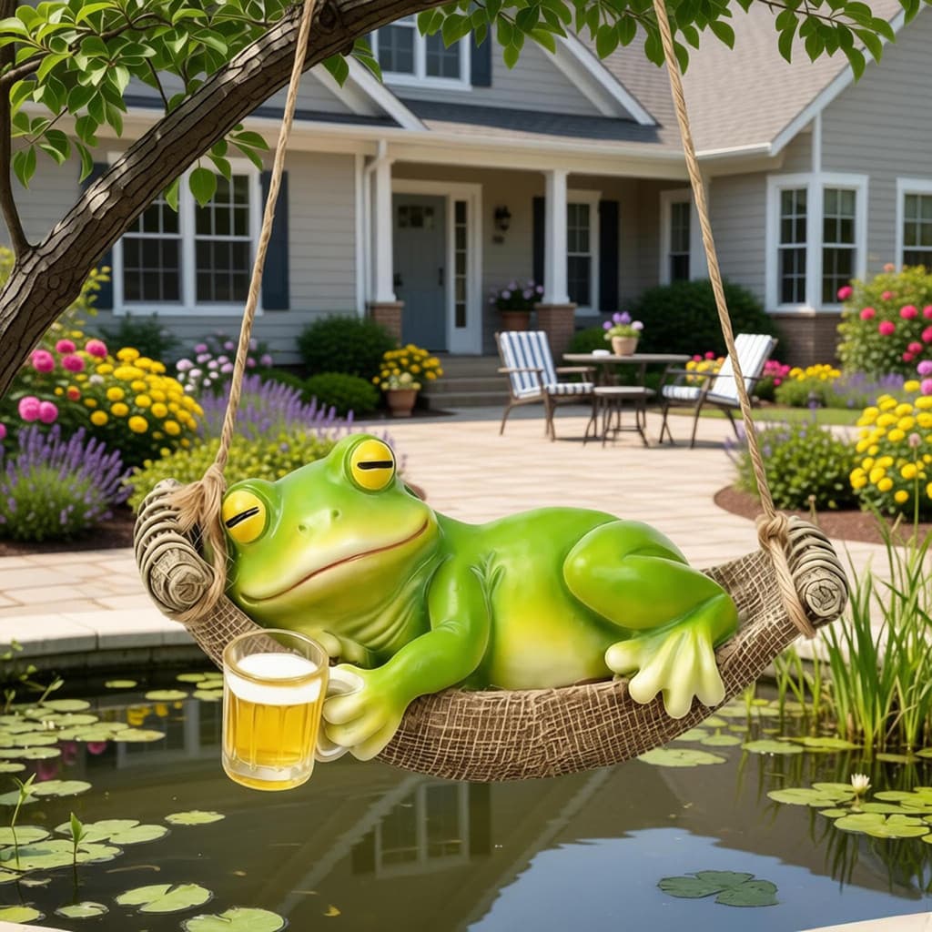Estatueta De Sapo Suspensa seafeel , Ornamento De Rede De Resina Segurando Caneca De Cerveja , Estátua Fofa De Jardim Pa