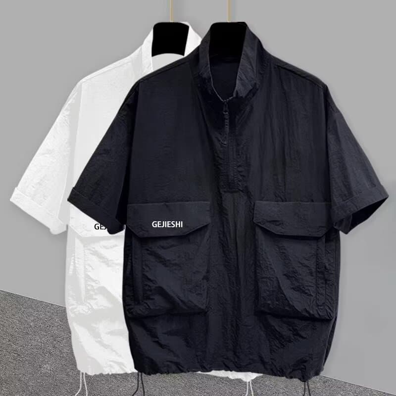Novo estilo meio zíper gola alta manga curta camiseta masculina marca ferramentas bolso tridimensional meia manga camise