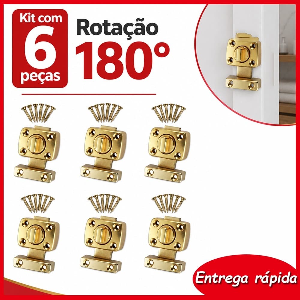 Kit 6 Peças Trinco Giratório Dourado em Liga de Zinco, Trava Elegante para Cozinha, Banheiro, Quarto e Varanda