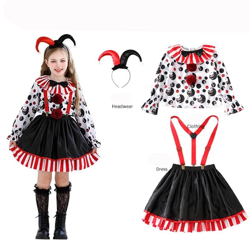 Conjunto De Fantasia De Palhaço Assassino Para Meninas Halloween Vestido Jester Malvado