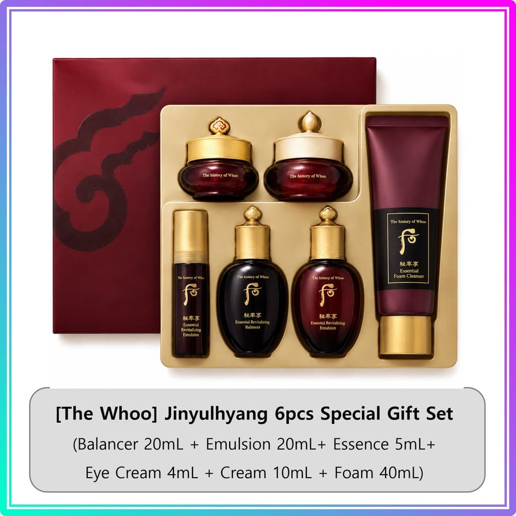 [The Whoo] Jinyulhyang 6pcs Conjunto De Presente Especial (Balancer 20mL + Emulsão Essência 5mL + Creme Para Os Olhos 4mL 10mL + Espuma De Limpeza 40mL) # 251