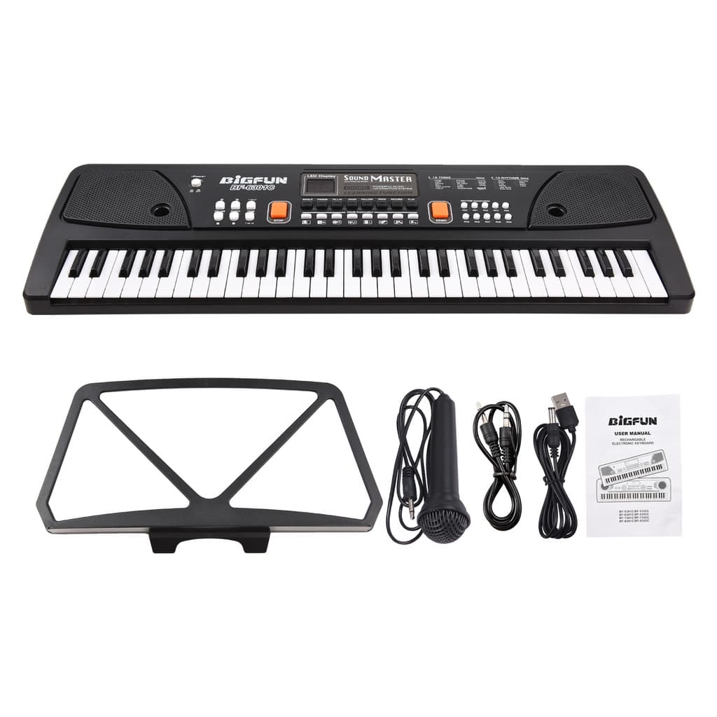 BIGFUN 61 Teclas Órgão Eletrônico Recarregável Piano Elétrico Infantil Com Microfone Preto Teclado De Música Digital Dis