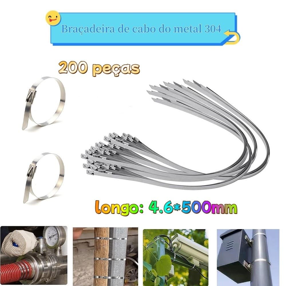 200 braçadeiras de Metal reforçadas 4.6x500mm, Material de aço inoxidável 304, anticorrosão, com fechaduras de segurança